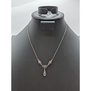 Vintage 925 Sterling Silver Beaded Chain Y Drop AB Crystal Teardrop Necklace